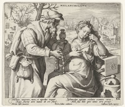 O temperamento melancólico Melancholicvs (título no objeto) Os quatro temperamentos (título da série) de Pieter de Jode (I)