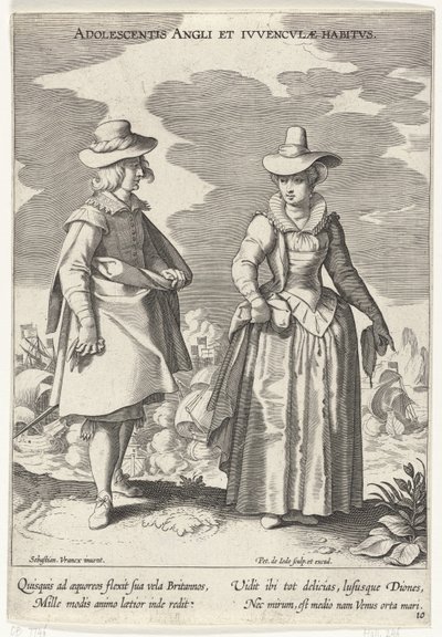 Casal vestido de acordo com a moda inglesa, c. 1610
Adolescentis Angli et Ivvenclvae Habitvs (título sobre o objecto)
Fantasias de vários países (título da série)
Variarum Gentium Ornatus (título da série) de Pieter de Jode (I)