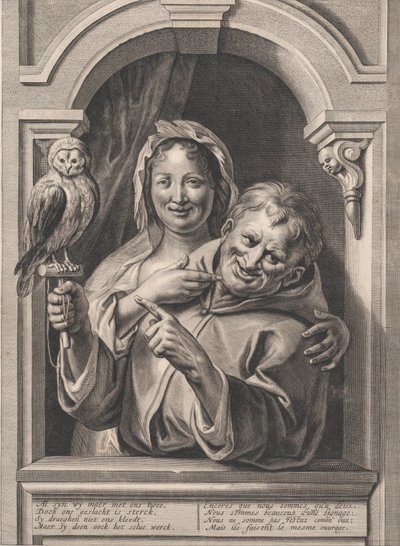Um tolo com uma coruja e uma mulher em uma janela, século XVII. de Pieter de Jode II