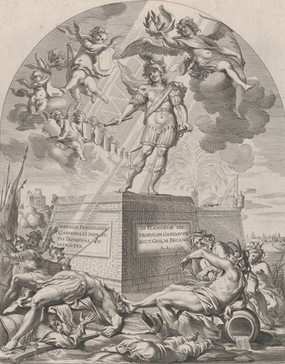 Placa 1: Ferdinand como Marte, de pé em um pedestal, de 