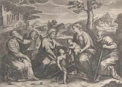 A Sagrada Família à direita, com o infante São João Batista, Isabel, Zacarias,..., 1631-37. de Pieter de Jode II