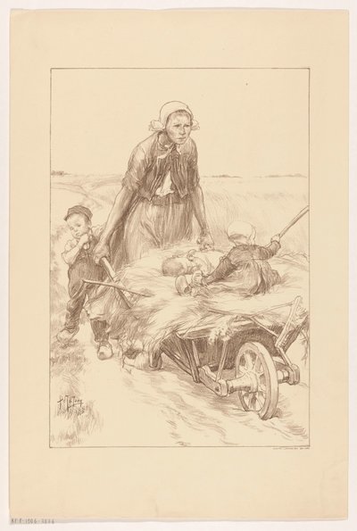 A mulher do agricultor empurrando um carrinho de mão com feno e dois filhos de Pieter de Josselin