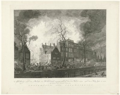Incêndio no Pottery Alley em Rotterdam, 1779 Imagem, van den Brand, ocorreu em Rotterdam, no dia 11. Março de 1779. Van den Maas Silk em exposição (título no objeto) de Pieter de Mare