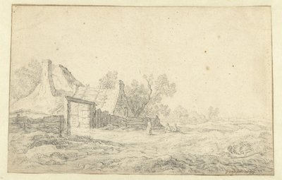 Paisagem de dunas com três figuras em frente a uma fazenda de Pieter de Neyn