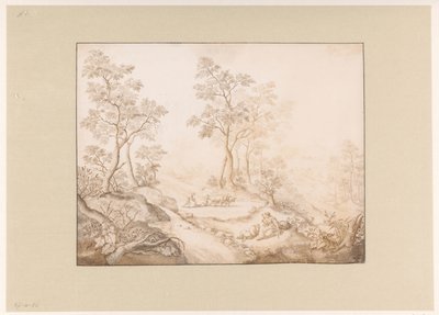 Paisagem arborizada com mulher, homem e agricultor de Pieter de Porck