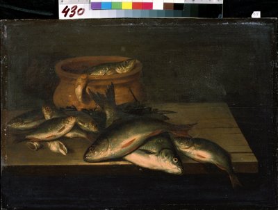 "Natureza morta com peixes" Pintura de Pieter de Putter (por volta de 1600-1659) Século XVII Museu de Arte Mikhail Kroshitsky, Sevastopol (Sevastopol) Ucrânia de Pieter de Putter
