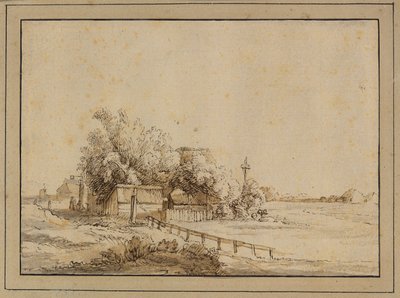 Figuras do lado de fora de uma pousada, edifícios agrícolas e o poste de uma pomba, nos arredores de Amsterdã de Pieter de With