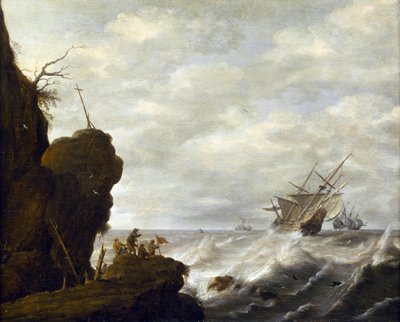 Um navio holandês num mar turbulento ao largo de uma costa rochosa, c.1640 (óleo sobre madeira) de Pieter the Elder Mulier