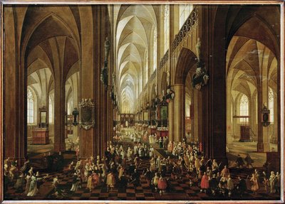 Interior de Notre Dame de Antuérpia, receção do Arquiduque Leopoldo Guilherme pelo capítulo (pintura sobre madeira de carvalho) de Pieter the Younger Neefs