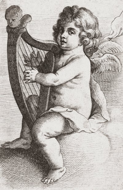 Um anjo criança tocando harpa. de Pieter van Avont
