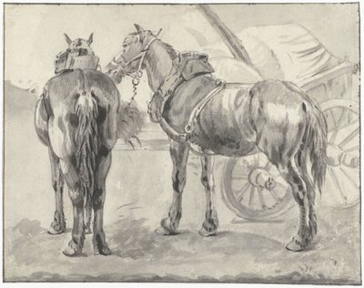 Dois cavalos de arreios com um carrinho de Pieter van Bloemen