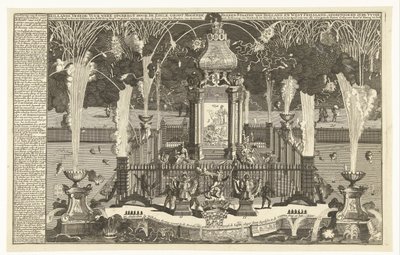 Fogos de artifício em homenagem à paz de Utrecht, 1713 Fogos de artifício da paz holandeses erguidos pelo Nobre Groot Mogende Heeren Estados da Holanda e Frísia Ocidental, disparados no rio para Haia (...) (título no objeto) de Pieter van Buysen jr.