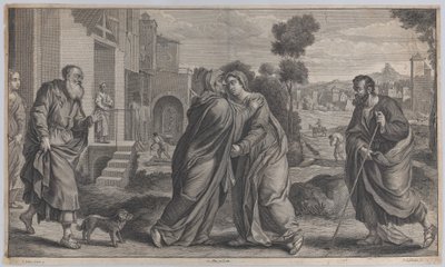 Visitação, Santa Isabel abraçando a Virgem no centro enquanto São José caminha para..., ca. 1656-60 de Pieter van Lisebetten