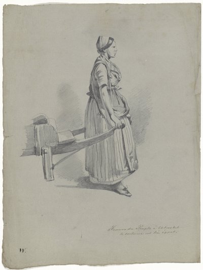 Mulher em pé puxando um carrinho em Utrecht Femme du Peuple à Utrecht (título no objeto) de Pieter van Loon