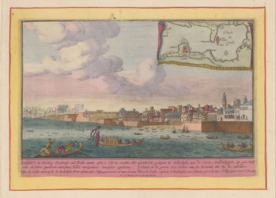Vista do Cadix
Cadix, situado na Andaluzia, no rievier Guadalquivir, em meia ilha (...) (título sobre o objecto)
Theatrum Hispaniae (...) (título da série) de Pieter van den Berge