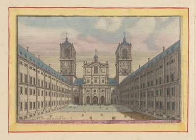 Vista do pátio e entrada da Igreja de San Lorenzo no Escorial O primeiro e principal pátio do Escurial (título no objeto) Theatrum Hispaniae (...) (título da série) de Pieter van den Berge