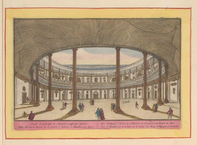 Vista do pátio do Palácio de Carlos V em Granada O Palácio Real em Alhambre, Granada; ver de dentro (título no objeto) Theatrum Hispaniae (...) (título da série) de Pieter van den Berge