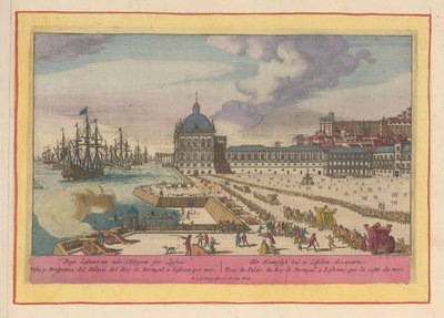 Vista do Palácio Real em Lisboa e o adro com pessoas A Corte Real, em Lisboa; Zeewaartz (título no objeto) Theatrum Hispaniae (...) (título da série) de Pieter van den Berge