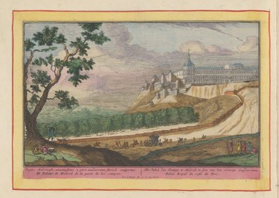 Vista do Palácio Real em Madrid O Palácio do Rei em Madrid, visto do rio Guadarrama (título no objeto) Theatrum Hispaniae (...) (título da série) de Pieter van den Berge