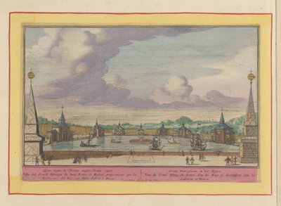 Grande lagoa com navios nos jardins do Palacio del Buen Retiro em Madrid Groote Waterplaats, no Retiro (título no objeto) Theatrum Hispaniae (...) (título da série) de Pieter van den Berge