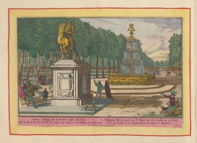 Estátua equestre de Filipe II no jardim do palácio em Madrid
Filipe II a cavalo, no jardim do palácio em Madrid (título sobre o objecto)
Theatrum Hispaniae (...) (título da série) de Pieter van den Berge