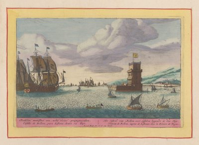 Torre de Belém no rio Tejo
O Castelo de Belém, deitado no rio Tajo em frente de Lisboa (título sobre o objecto)
Theatrum Hispaniae (...) (título da série) de Pieter van den Berge