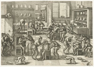 Loja de barbeiros e cirurgiões Jogo do macaco (título da série) de Pieter van der Borcht (I)