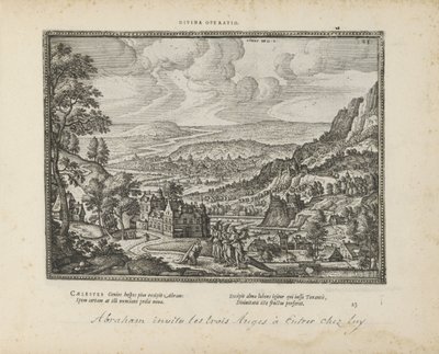 Landschap conheceu Abraham en de drie engelen Operação divina (título no objeto) Os Emblemas Sagrados e as Principais Histórias de Ambos os Testamentos (Oude Testament) (título da série) Imagens e figuras de livros (título da série) de Pieter van der Borcht (I)