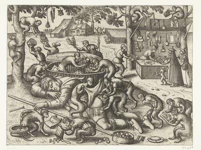 Vendedor ambulante adormecido assaltado por macacos
Jogo do macaco (título da série) de Pieter van der Borcht (I)