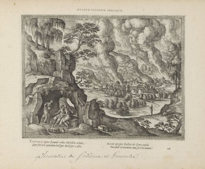 Vernietiging van Sodom em Gomorra / Lot en zijn dochters Eterno monumento da justiça (título no objeto) Os Emblemas Sagrados e as Principais Histórias de Ambos os Testamentos (Oude Testament) (título da série) Imagens e figuras de livros (título da série) de Pieter van der Borcht (I)