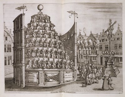 Ilustração que descreve um teatro móvel, a partir da história histórica de começar a inauguração ... &39;por Bochius, Plantin Press, 1602 de Pieter van der Borcht
