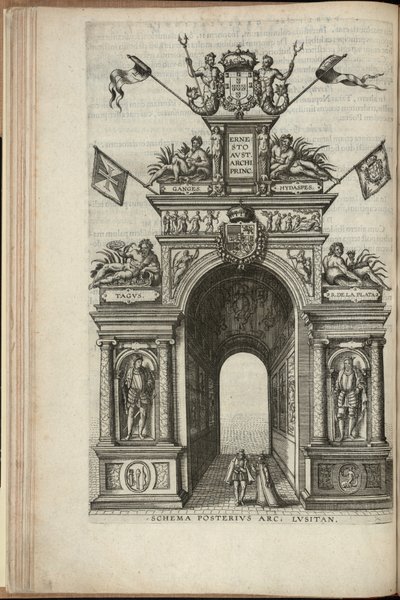 Rios Tejo, Prata, Ganges e Hydaspes. A face posterior do arco triunfal português, Entrada de Ernst, Arquiduque da Áustria, em Antuérpia, publicado 1595 (gravura) de Pieter van der Borcht