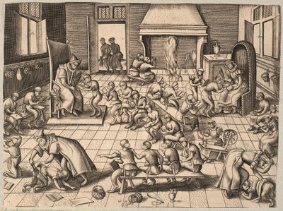 A sala da escola. Macacos sendo ensinados e criados em uma sala de aula de Pieter van der Borcht