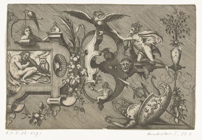Metade direita de uma grande cartucheira representando a Noite
Compertimenta pictoriis flosculis manubiisque... (título da série) de Pieter van der Heyden