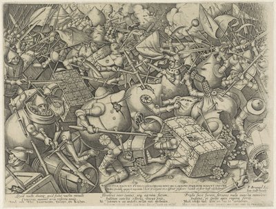 Batalha entre os sacos de dinheiro e os baús de dinheiro Divitiae faciunt fures / Les Richesses font des larrons / Ryckdom maeckt thieves (título no objeto) de Pieter van der Heyden