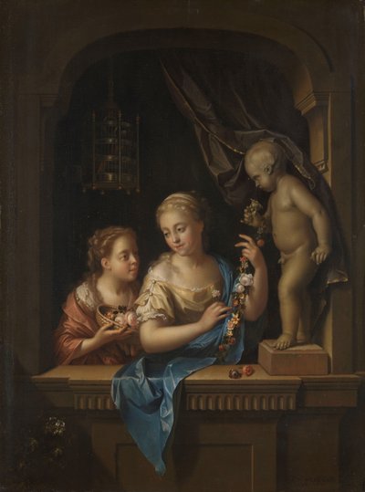 Duas raparigas com flores por uma estátua de Cupido
Duas raparigas com flores por uma estátua de Cupido de Pieter van der Werff