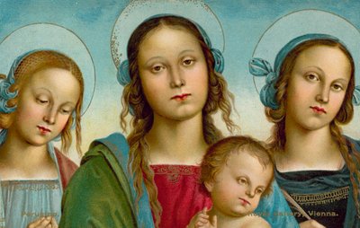Virgem com o Menino entre as Santas Rosa e Catarina (cromolitografia) de Pietro (after) Perugino
