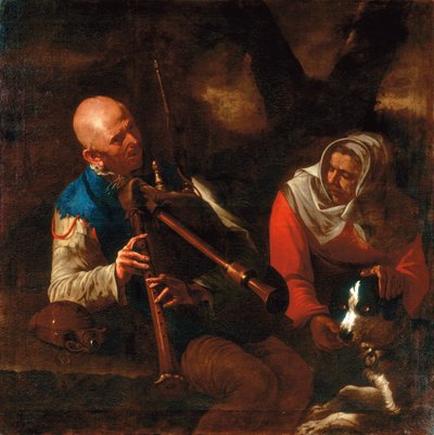 Um camponês a tocar uma gaita de foles e uma mulher velha a ouvir com um cão (óleo sobre tela) de Pietro (circle of) Paolini