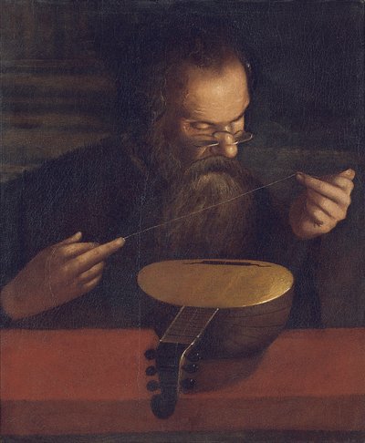 Um velho amarrando um alaúde (óleo sobre tela) de Pietro (circle of) Paolini