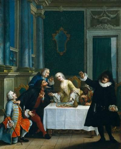 "O lanche com as máscaras" Comediantes vestindo fantasias da Commedia dell