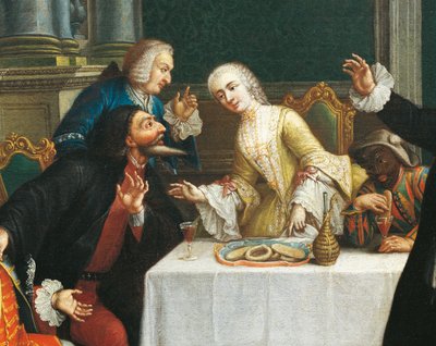 "O lanche com as máscaras" Comediantes vestindo fantasias da Commedia dell