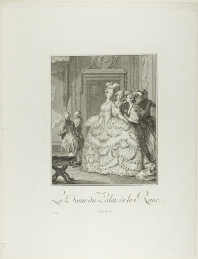 A dama de companhia da rainha, de Monument du Costume Physique et Moral de la fin du Dix-huitième siècle de Pietro Antonio Martini