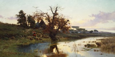 Rebanho ao pôr-do-sol (óleo sobre tela) de Pietro Barucci