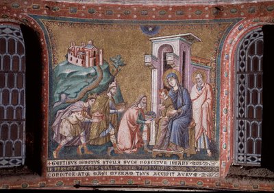 Adoração dos Magos do Mosaico da abside de Pietro Cavallini (ativa por volta de 1273-1330) final do século XIII (Adoração dos Magos, mosaico da abside de Pietro Cavallini, final do século XIII) Roma, Igreja Santa Maria em Trastevere Itália de Pietro Cavallini
