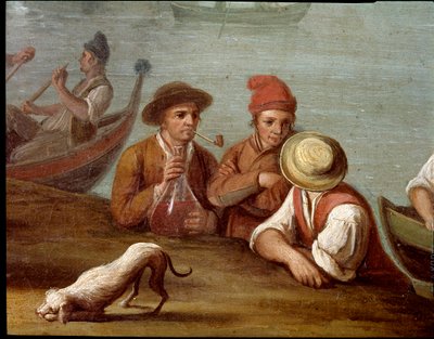 Banquete em Posillipo (Pausilippe) Nápoles Pormenor dos pescadores - Banquete em Posillipo - Pormenor dos pescadores - Pintura de Pietro Fabris Museo Nazionale di San Martino Nápoles do século XVIII de Pietro Fabris