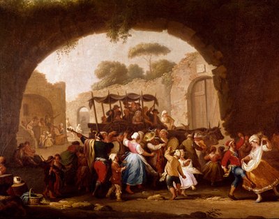 Cena de dança e festa popular em Nápoles Detail. Dançarinas de Tarantella (tarantella, tarantella). Pintura de Pietro Fabris (ativa entre 1763 e 1776) Nápoles do século XVIII, Museo Nazionale di San Martino de Pietro Fabris