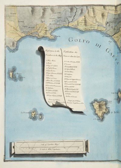 Mapa do Golfo de Gaeta de &39;Campi Phlegraei: Observações sobre os vulcões das Duas Sicílias&39;, de Sir William Hamilton (1730-1803), publicado em 1776 (gravura colorida à mão) de Pietro Fabris