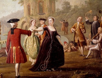 Nobre cena de dança e festa em Nápoles Dancers, num parque. Pintura de Pietro Fabris (activo entre 1763 e 1776). Século XVIII Nápoles, Museo Nazionale di San Martino de Pietro Fabris