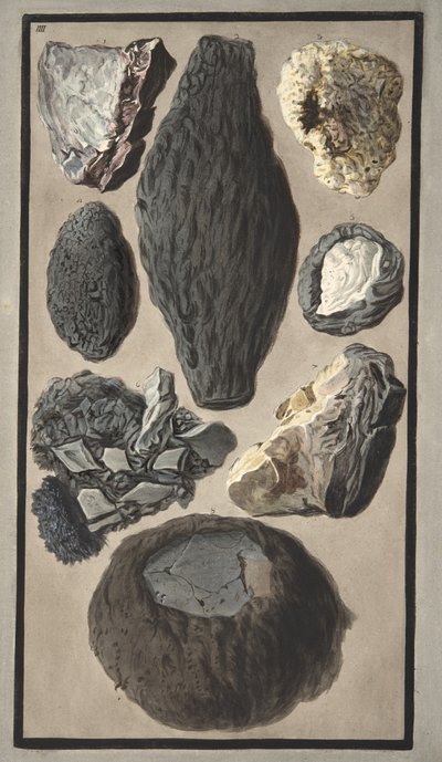 Espécimes de matéria vulcânica, de &39;Campi Phlegraei: Observações sobre os vulcões das Duas Sicílias&39;, de Sir William Hamilton (1730-1803), publicado em 1776 (gravura colorida à mão) de Pietro Fabris