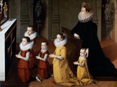 Retrato de Chiara Albini Petrozzani com os seus filhos em oração (óleo sobre tela) de Pietro Facchetti